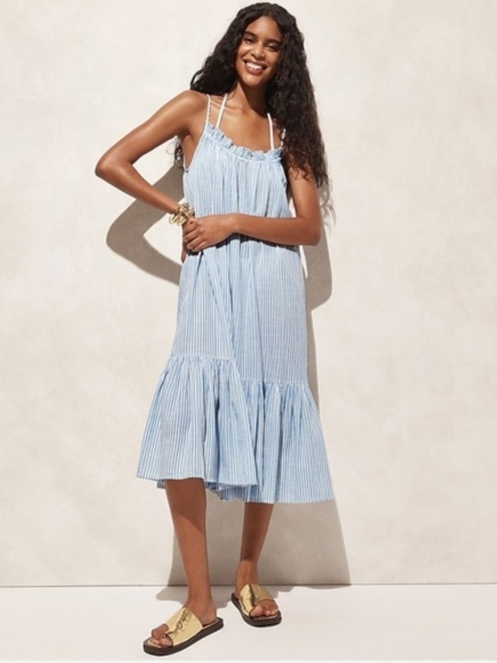 J.Crew Blue & White Pinstripe Tiered Low Scoop Back Midi Dress M/L Euro Summer